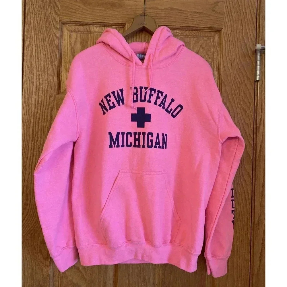New Buffalo Michigan Beach Duty Adult Small Pink Pullover Hoodie Pocket